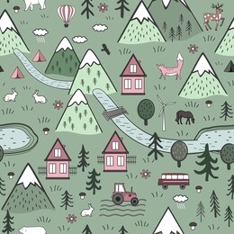 cute hand drawn scandinavian vector seamless pattern with houses, animals, trees, old castle and mountains. nordic nature landscape concept. perfect for kids fabric, textile, wallpaper, or door mat