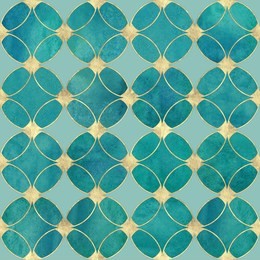 seamless watercolour teal turquoise gold glitter abstract texture. watercolor hand drawn grunge background with overlapping circles and golden contour pattern. print for textile, wallpaper, wrapping