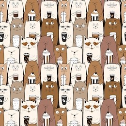 funny seamless pattern with doodle cute cats, hand drawn crowd of animals with drinks: coffee, water, tea. vector. 