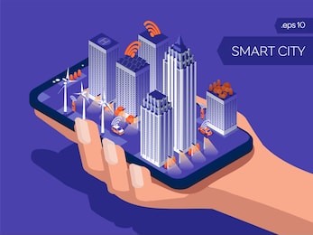 smart city connection and control.  eco friendly night town. iot concept. internet of things isometric style. smart phone in human hand on blue background