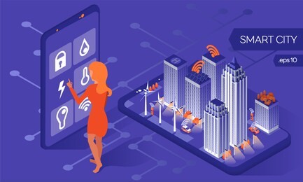 smart city design concept. isometric town on a smart phone. wireless technology. woman touch on a smart phone. connection in town. smart house concept