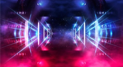 background wall with neon lines and rays. background dark corridor with neon light. abstract background with lines and glow. wet asphalt, neon smoke.