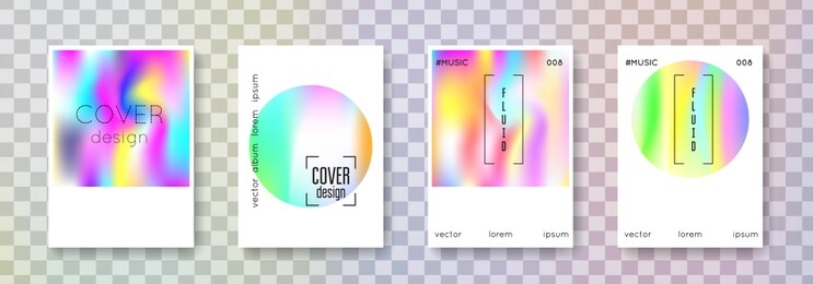 holographic poster set. abstract backgrounds. bright holographic poster with gradient mesh. 90s, 80s retro style. pearlescent graphic template for book, annual, mobile interface, web app.