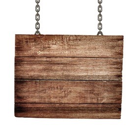old wooden signboard with chains isolated