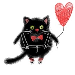 cartoon black cat with red balloon, isolated on white