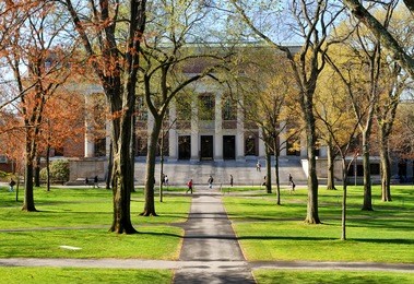 college campus in the spring