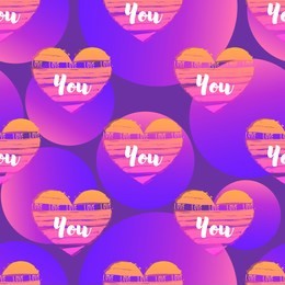 vector retrowave seamless pattern with hand drawn colorful hearts with text love you on the iridescent violet background with circles.