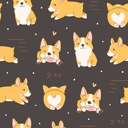 kawaii playful corgi dogs in various poses. hand drawn colored vector seamless pattern. dark background