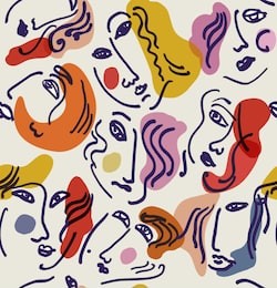 seamless vector pattern with surrealistic doodle style faces with colorful hairstyle. emotions concept. pink, red, orange and mustard colours.