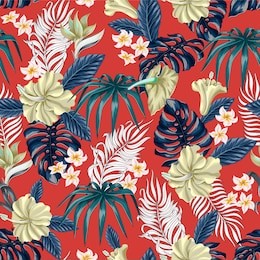 seamless pattern with tropical flowers and leaves such as banana, palm, monstera leaf and narcissus, hibiscus, plumeria isolated elements