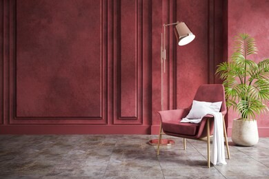 modern vintage living room interior,red armchair with red grunge  wall and concrete floor,3d rendering