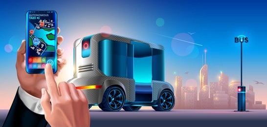 autonomous driverless shuttle public bus. automated self-driving vehicle system in city. passenger holding smartphone in hand and call cab via mobile app. phone displays location of taxi on map roads.