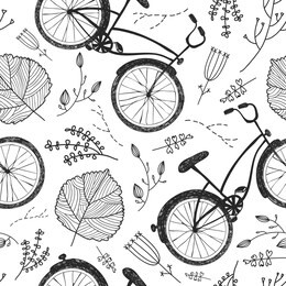 vector bicycles, florals and leaves hand drawn seamless pattern. vintage doodle style background. spring, summer 