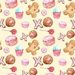 watercolor cookies, cupcakes, lollipop, macaron, gingerbread seamless pattern on warm yellow  background cute desserts background for packaging, cards, wrapping paper, holiday design.
