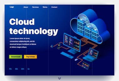 cloud technology website. concept of a landing page for data center. website providing the service of modern cloud technology. vector website template with 3d isometric illustration data center