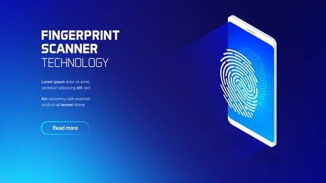 fingerprint scanner technology, hardware and software development, digital identity system, biometric identification, futuristic isometric vector illustration