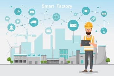 modern factory 4.0, smart automated manufacturing from smartphone and tablet with circle icon. vector illustration city  landscape