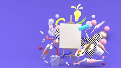 frame drawing surrounded by colored tubes, palette, crayon, paint rollers and bulbs on a purple background.-3d rendering.