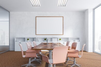interior of meeting room with glass and white walls, brown carpet on the floor, long wooden table with beige chairs and horizontal poster. 3d rendering mock up