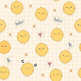 cute adorable kawaii little yellow chickens farm greeting on grid cartoon doodle seamless pattern background wallpaper vector eps10