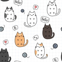 cute adorable kawaii fat cat kitten laying down on grid cartoon doodle seamless pattern background wallpaper vector eps10