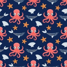 marine seamless pattern, octopus, fish, shell. 