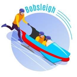 bobsleigh round background with team of athletes  dispersing bobsled sleigh for downhill isometric vector illustration