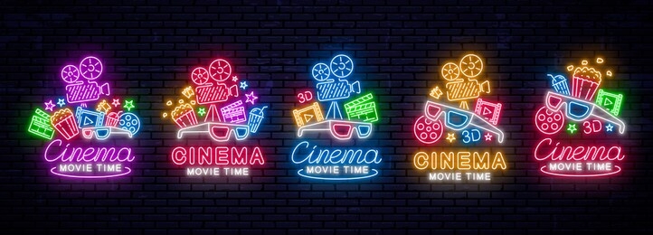 set of realistic neon signs. cinema banner, logo, emblem. movie logo. bright sign, night bright advertising. vector illustration.