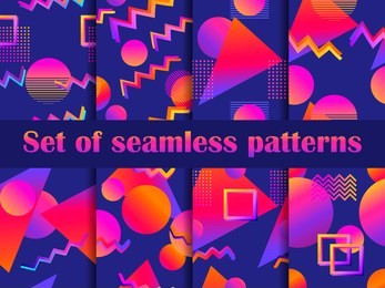 futurism seamless pattern set. liquid shape in the style of 80s. synthwave retro background. retrowave. geometric objects with gradient. vector illustration