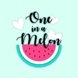 one in a melon summer greeting card, print for t-shirt, cute web message. paper cut typographical background with cartoon tropical fruit watermelon and hearts. vector illustration