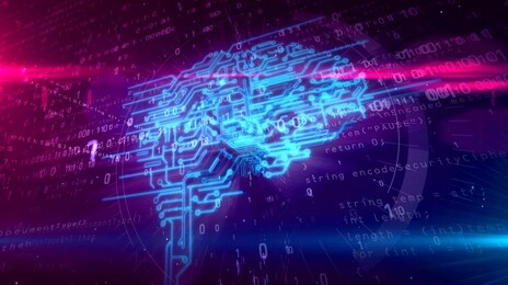 cybernetic brain, deep machine learning and artificial intelligence concept 3d illustration. working cyber mind on dynamic digital 3d background.