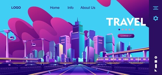 conceptual banner for internet travel, horizontal illustration cityscape, infrastructure of a smart city and its sights, template homepage