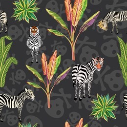 abstract idea animal predator tiger, leopard face zebra horse on the black skull background seamless vector pattern