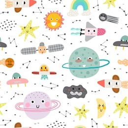 cute seamless pattern with planet, star and rocket. vector illustration for children. trendy kids vector background.