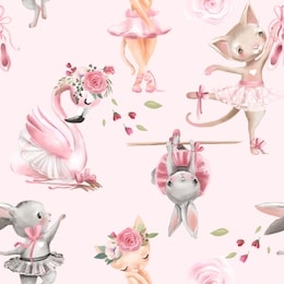 beautiful, seamless, tileable pattern with watercolor ballerinas animals - bunny, kitten, cat and flamingo bird, ballet girls and pink rose blossoms, flowers