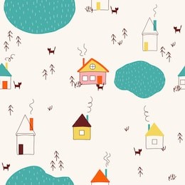 seamless pattern with hand drawn village houses and lake. vector illustration.