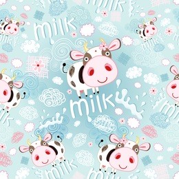 bright cheerful seamless pattern of cows and milk on a blue background with clouds
