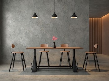 loft style dining room with polished cocrete 3d render,furnished with industrial style wood and metal furniture,decorate wall with wood lattice.