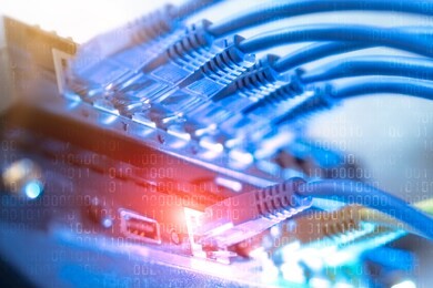 network infrastructure, switch or router socket, cable connections. ethernet, wired transmission, data center concept