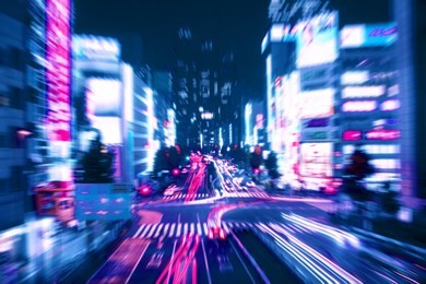 zoom effect of night time traffic in shinjuku district, tokyo, japan with a retro synthwave color effect