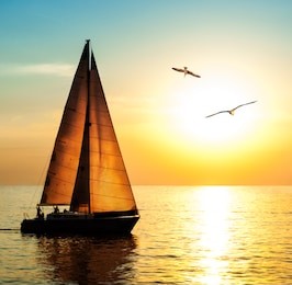 yacht sailing against sunset. holiday lifestyle landscape with skyline sailboat and two seagull. yachting tourism - maritime evening walk. romantic trip on luxury yacht during the sea sunset.