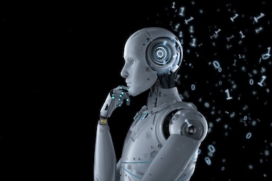 machine learning concept with robot think with binary code on black background