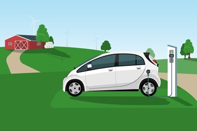 charging electric car on the background of the countryside. new energy vehicle. environment conservation. vector illustration eps 10