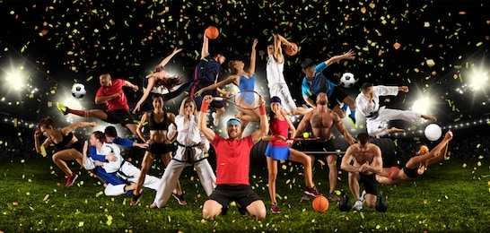 huge multi sports collage taekwondo, volleyball, tennis, soccer, basketball, football, bodybuilding, etc