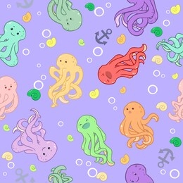 seamless pattern in cartoon style which draws octopus and anchors and shells and air bubbles