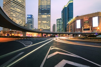 the street scene of the century avenue at night in shanghai,china