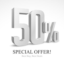50% off special offer silver 3d digits banner, template fifty percent. sale, discount. grayscale, metal, gray, glossy numbers. illustration isolated on white background. ready for your design. vector