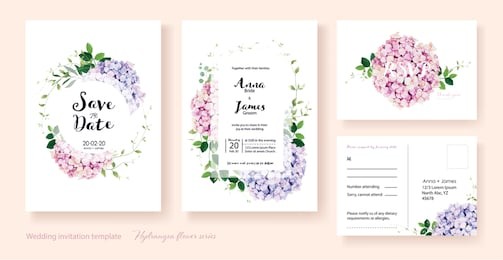 wedding invitation card, save the date, thank you, rsvp template. vector. hydrangea flowers, ivy plants.