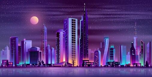 metropolis night skyline with illuminated skyscrapers, cottage houses or public buildings on city quay shore and full moon in starry sky neon cartoon vector illustration. urban architecture background