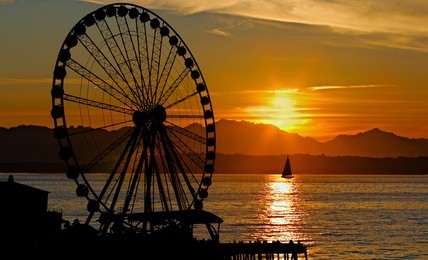 silhouette of ferris wheel at sunset
